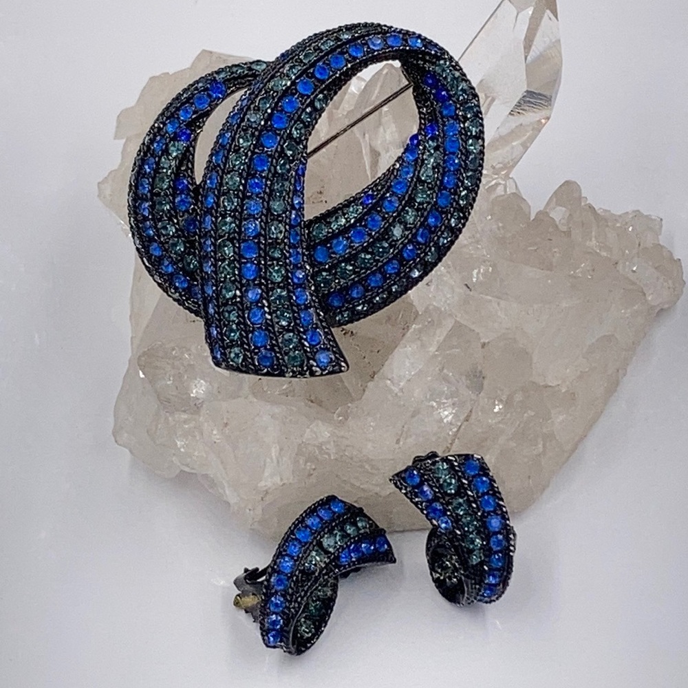 Vintage Blue Rhinestone Japanned Brooch Earring Set